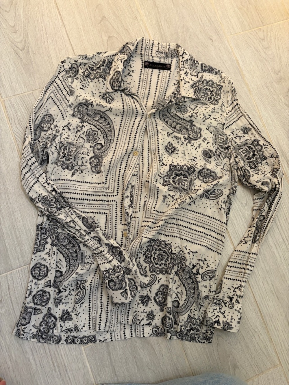 AllSaints Cream and Black Paisley Button-Up Blouse